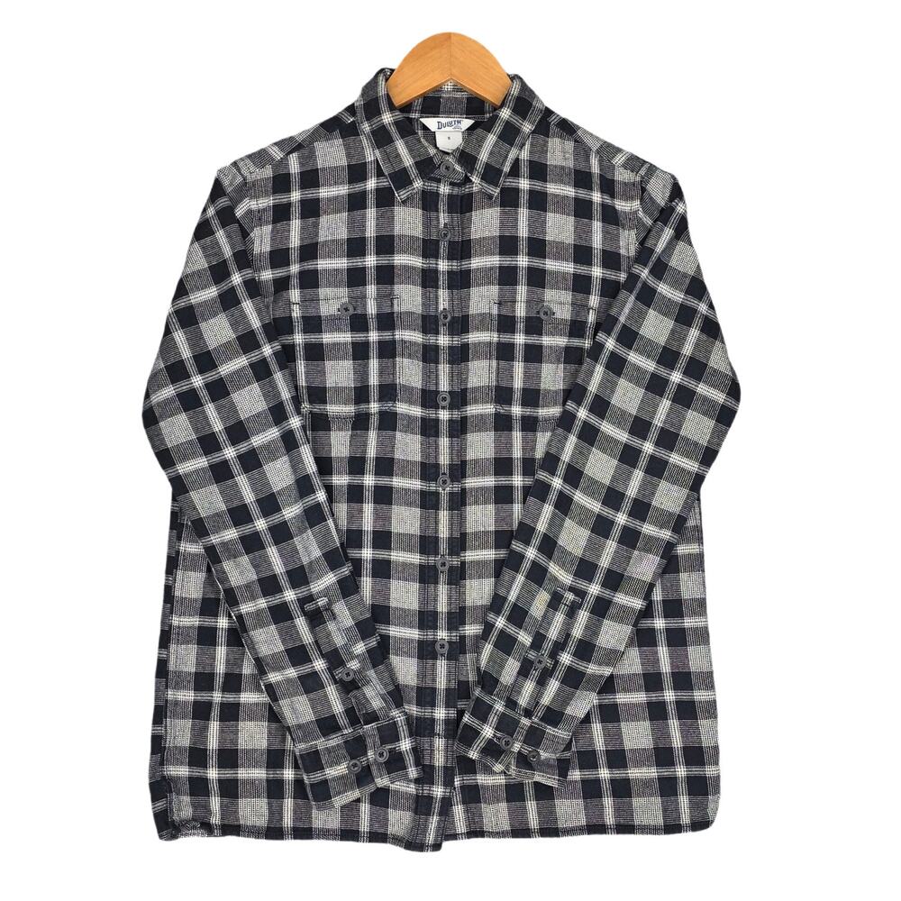 DULUTH TRADING CO. COTTON FLANNEL SHIRT – BLACK/GRAY/WHITE PLAID – MEN’S SIZE S
